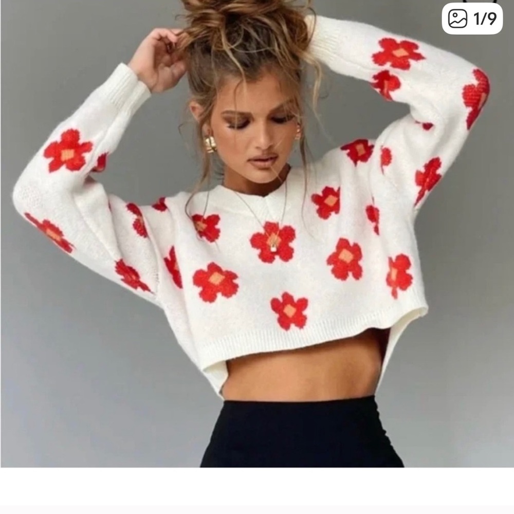 Princess Polly Field Of Flowers Sweater Red White Floral Cropped V-Neck Size S/M